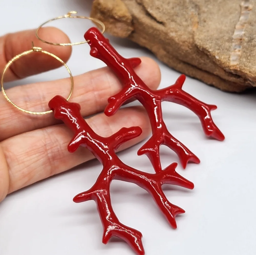 Anthro 14kt Gold plated Hoop Earrings/Studs Red Coral Branch